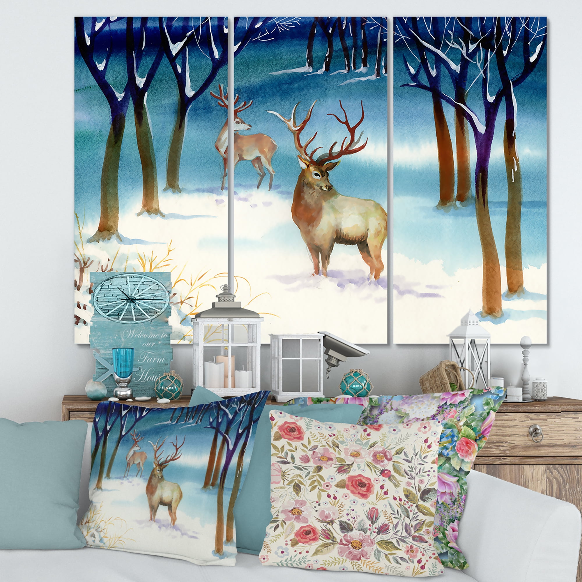 Designart ' Deers With Winter Landscape ' Traditional Canvas Wall Art Print