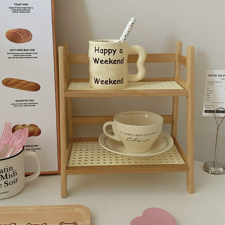 Starvortex 2-Tier Koffiestation Organizer Plank, Natuurlijke Bamboe Keuken Aanrecht Werkblad Organizer, Houten Kruidenrek Hoekstation voor Koffie Thee Matcha, Tafelplank Keuken Woonaccessoires