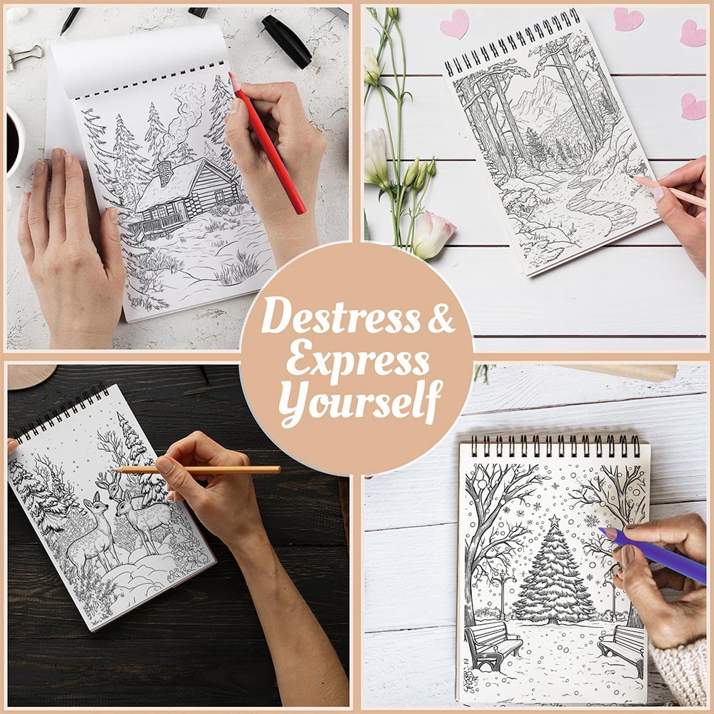 Netecom Winter Coloring Book Spiral Bound for Adults, A5 Wooden Cover, 30 Tranquil Coloring Pages of Serene Winter Landscapes for Stress Relief and Relaxation
