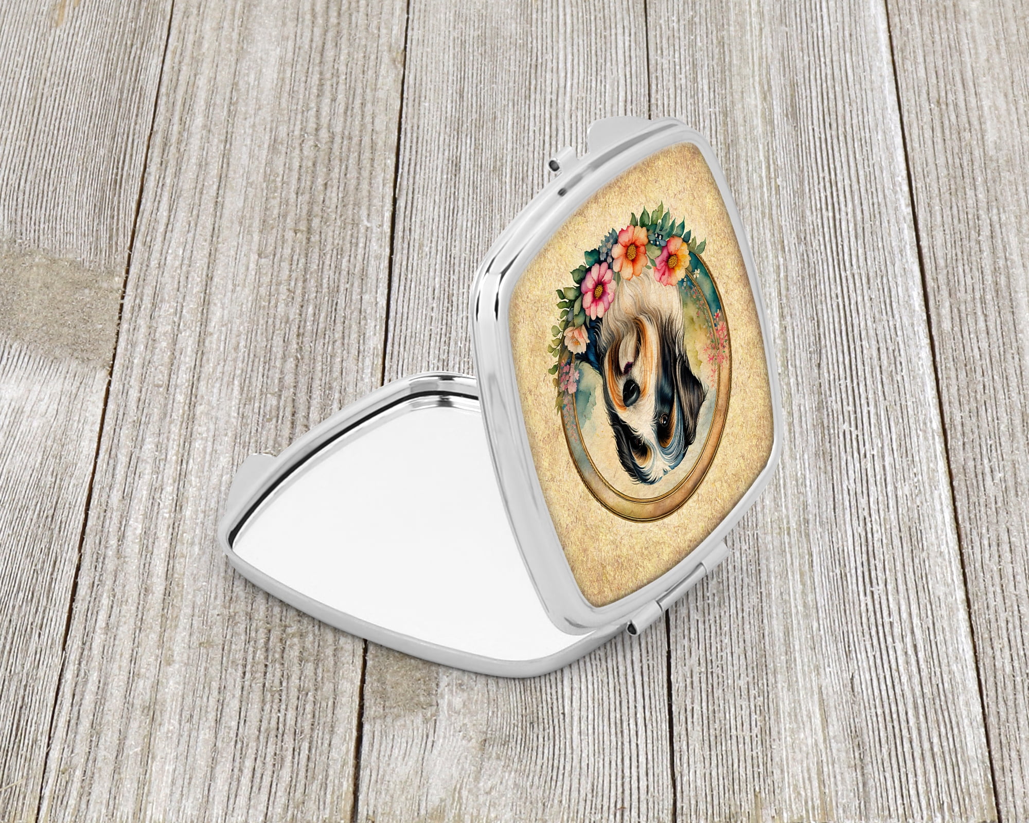 Bearded Collie and Flowers Compact Mirror 2.75 in x 3 in
