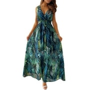 Zdcdcd Womens Vacation Boho Floral Sundress Sleeveless V Neck Long Maxi Dress