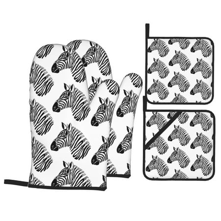 

Oven Mitts and Pot Holders 4 pcs Set cool zebra black white Heat Resistant Pot Holders Oven Mitts for kitchen Non-Slip Hanging Loop Oven Glove Potholders for Baking Cooking