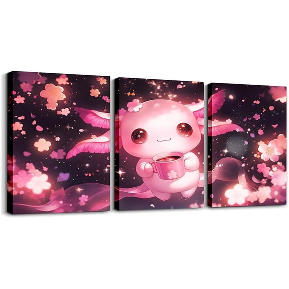 Hieng Boys Girls Cute Axolotl Canvas Wall Art for Living Room Bedroom Cartoon Salamander Picture Wall Decor Cherry Blossoms Wall Painting Posters Kids Kawaii Bathroom Wall Art Unframed