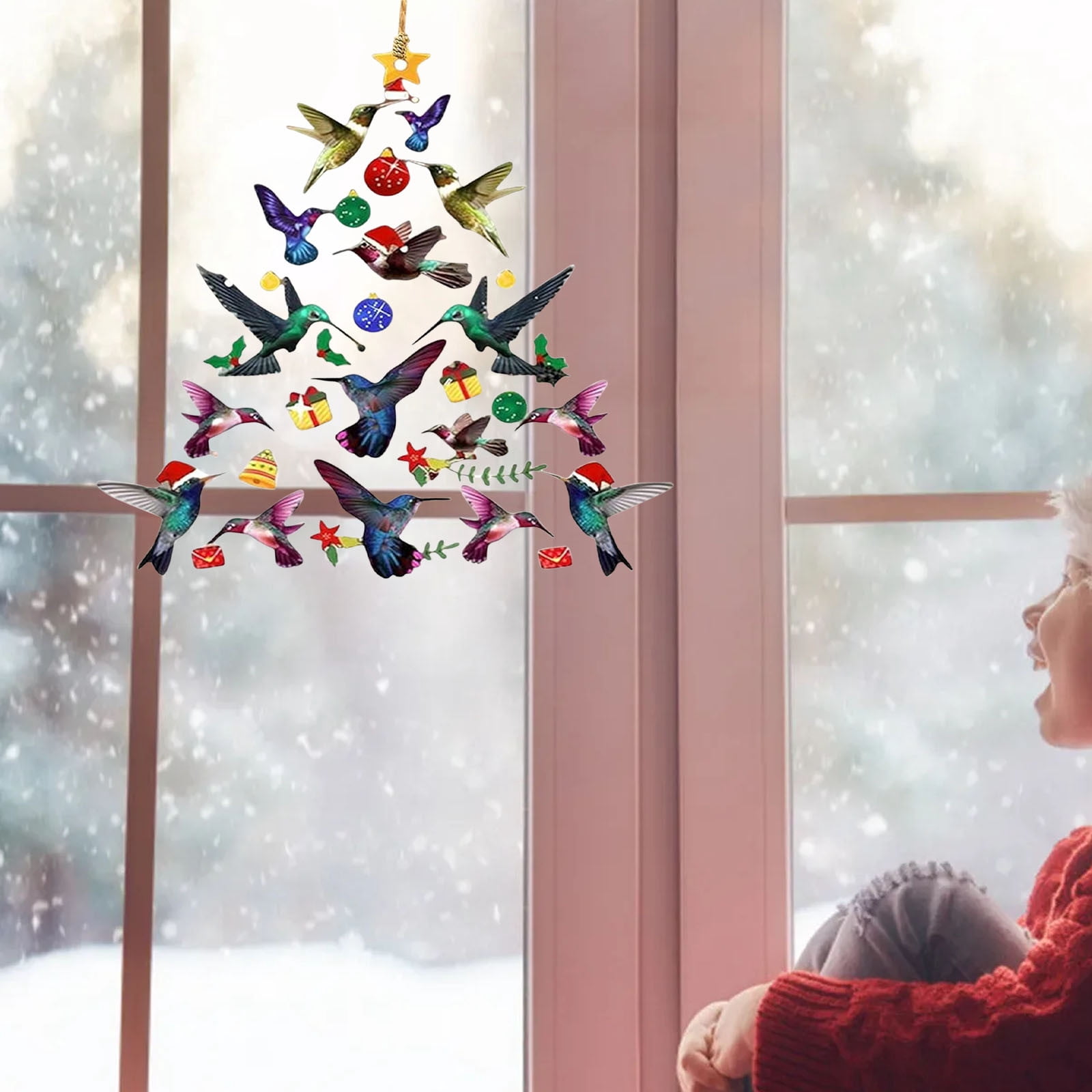 Lot de 2 décorations de Noël en forme de colibri colorées en acrylique 2D double face pour Noël, colibri d'hiver, décoration d'intérieur pour les amateurs d'oiseaux