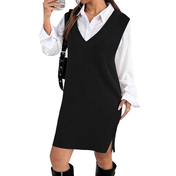 Zeagoo Womens Sweater Vest Dress Oversized Knitted Sleeveless Pullovers Sweaters V Neck Tank Sweater Dress Fall Winter