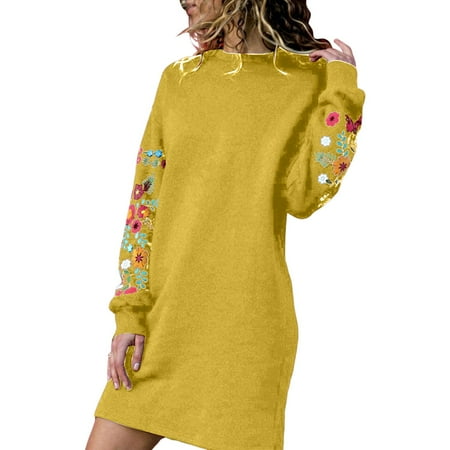 PFWOWB Yellow Graduation Dresses for Mothers Autumn Floral Embroidery Winter Women Long Dress Sleeve Casual Sweatshirt Women Dress