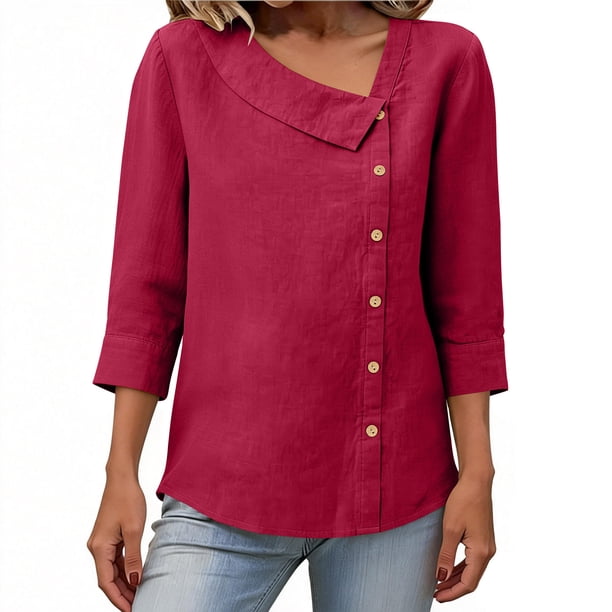 Tops de Color Sólido para las Mujeres Camisa de Botón Casual 3/4 Manga Cuello Redondo Tops de Lino para las Mujeres Primavera Verano