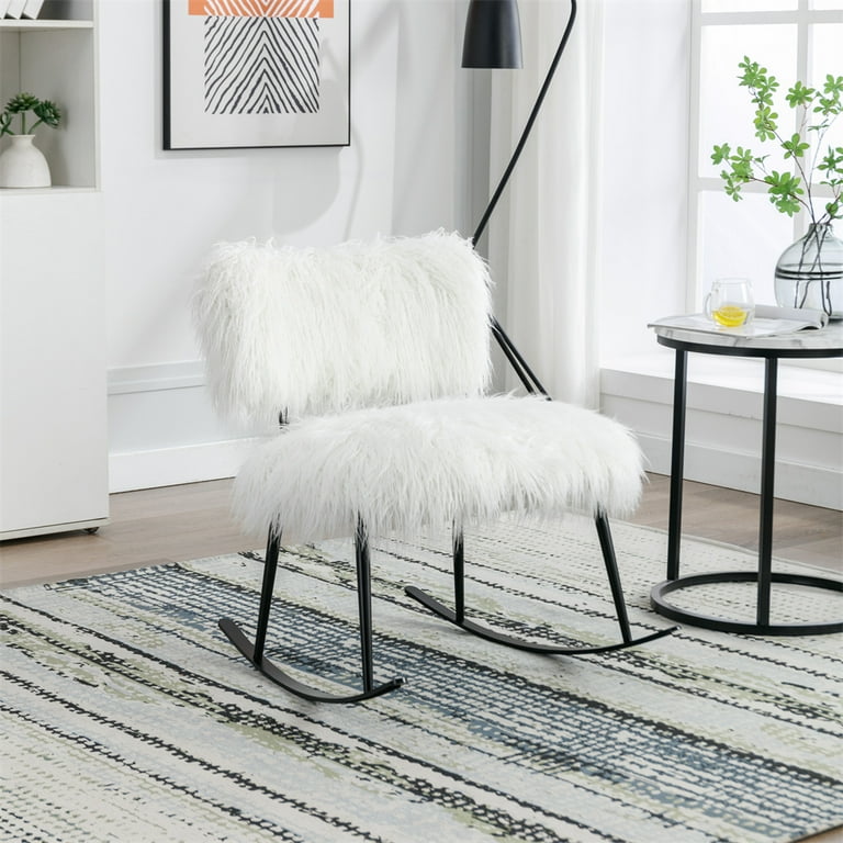 Faux Fur Plush Nursery Rocking Chair with Metal Rocker and Legs 25.2 W Baby Nursing Chair Comfy Glider Chair Mid Century Modern Chair for Living