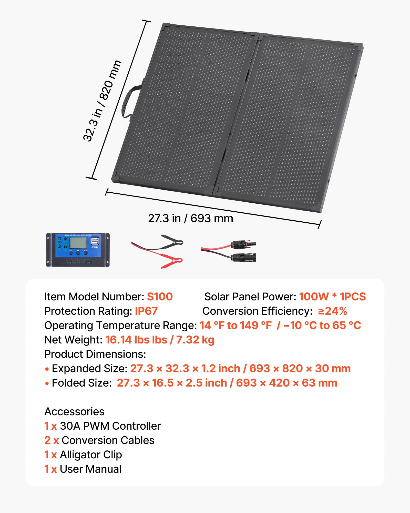 VEVOR 100W Foldable Solar Panel with Frame, 16BB N-Type Portable Monocrystalline Solar Panel Charger 24% Efficiency, IP67 Waterproof with 30A PWM Controller & MC4 Output for Camping, Hiking, RV Trips