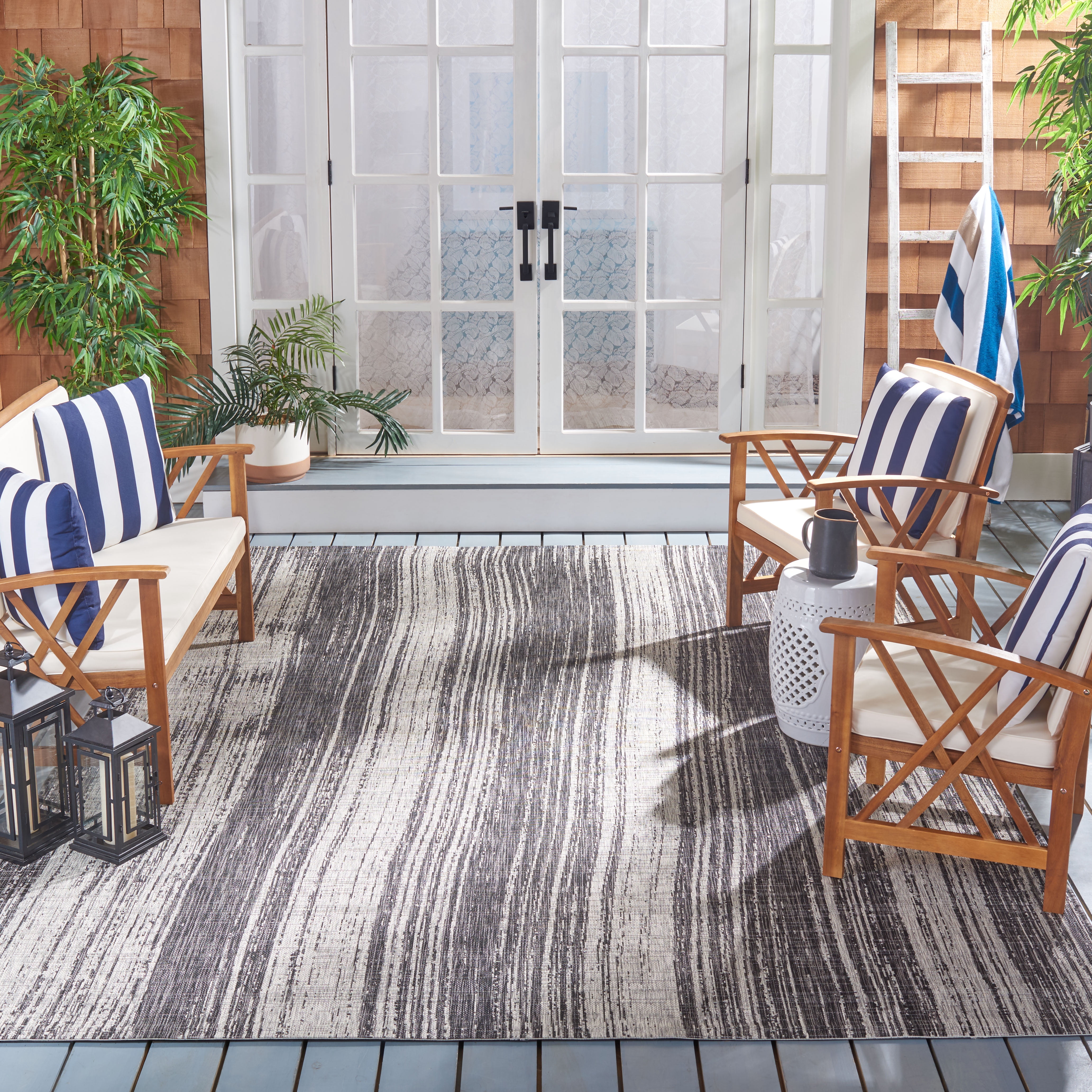 SAFAVIEH Courtyard John Striped Indoor/Outdoor Area Rug, Black/Grey, 8' x 10'