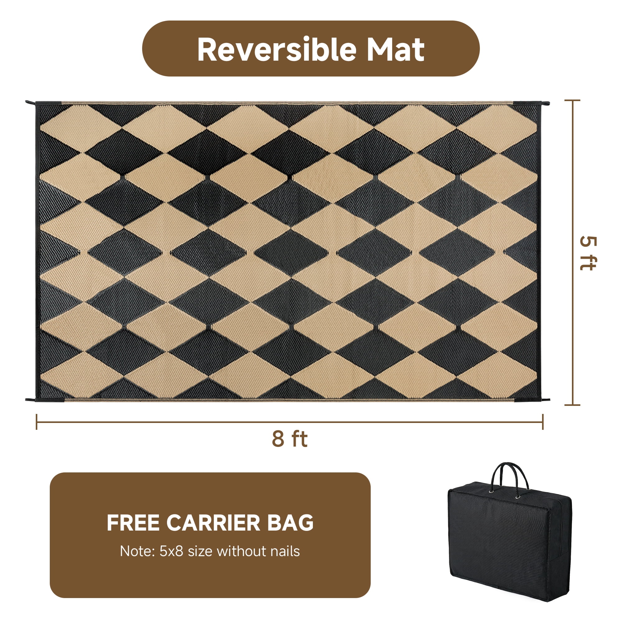 BERTHMEER 5'x8' Outdoor Rugs Waterproof Plastic Rugs Checkered Patio Rugs Straw Rugs Camping Rugs, Porch,Deck Rugs, RV Rugs for outside, Black & Brown