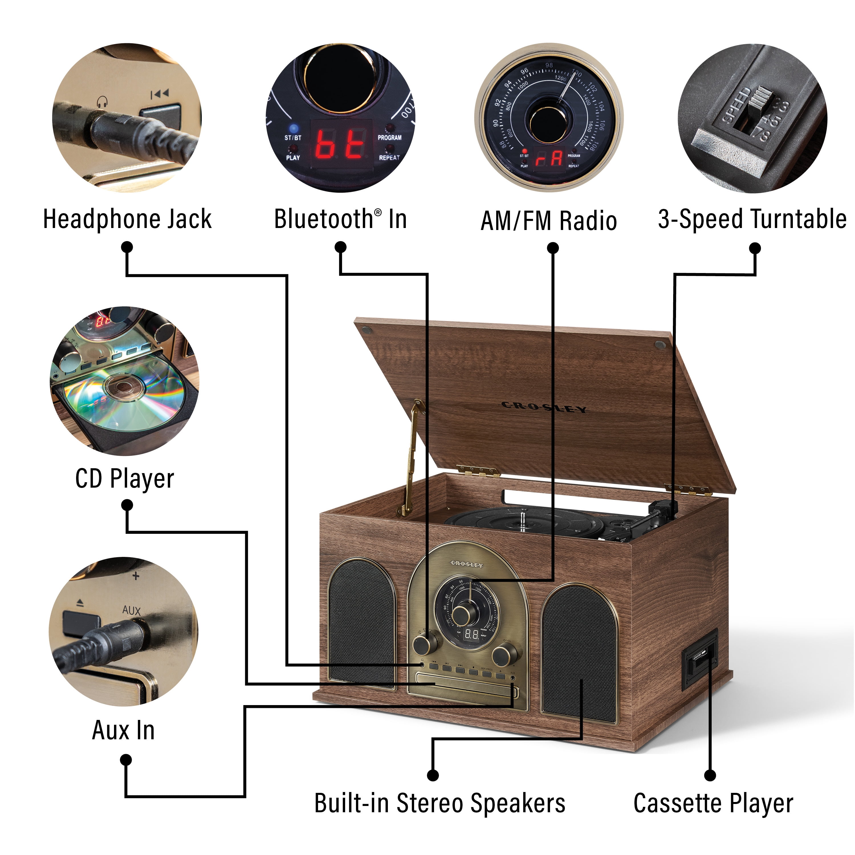 Crosley Hayes 8-In-1 Record Player with Speakers and Wireless Bluetooth- Audio Turntables