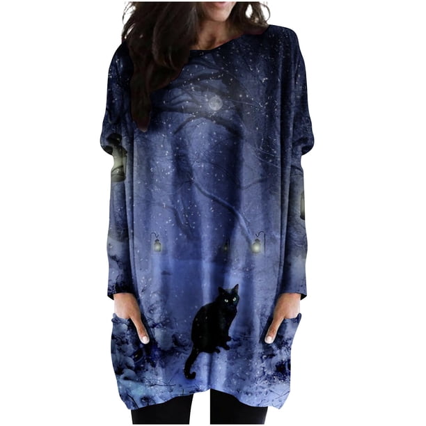 Vestido suelto de manga larga con estampado de Halloween y cuello redondo para mujer de talla grande de otoño Pompotops hdfakjf3288
