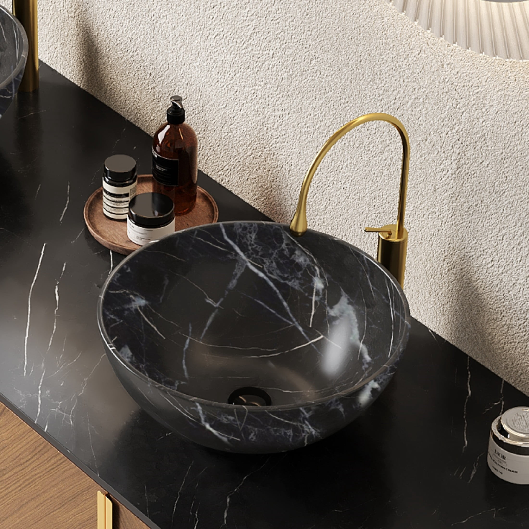 Noble House ARAI 60" Floating Double Bathroom Vanity, Sintered Stone Top Cabinet with Dual Black Bowl Sink, Oak