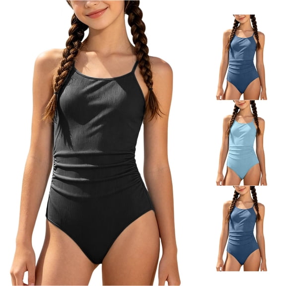 CUZIBR Teen Girls One Piece Swimsuit Solid Color Tankini Sun Swimwear For Kids Youth Summer Spaghetti Strap Round Neck Ribbed Ruched Dry Quickly Upf 50 Sun Beach Pool Bathing Suit,Black,15-16 Years