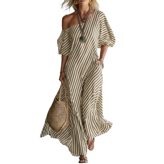XUNKUSGA Maxi Dresses for Women Fashion Striped Off Shoulder Puff Short Sleeve Womens Summer Dresses Trendy Wedding Guest Dresses for Women,Brown,S