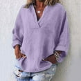 thumbnail image 2 of Womens Shirts Long Sleeve Cotton Linen Gauze Tops Casual V Neck Blouses Loose Fit Light Purple 3XL, 2 of 6