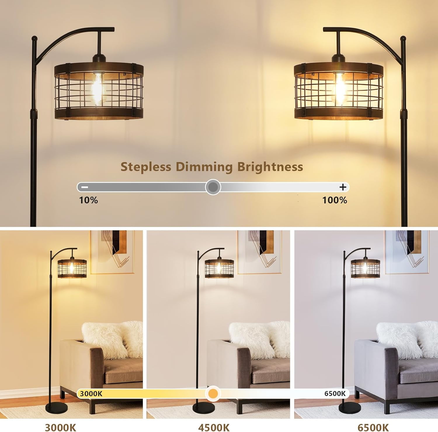 Newest 73” Rustic Farmhouse Arc Floor Lamp with Remote, 3-Color Dimmable LED & Wood/Metal Shade for Living Room
