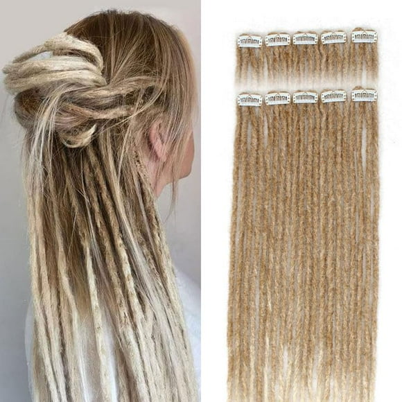 Sangtok 10 PCS Clip in Dreadlocks Hair Extensions, 24 inch Synthetic Dreads Extensions, Thin Straight Dreadlock for White Women(brown/blonde)