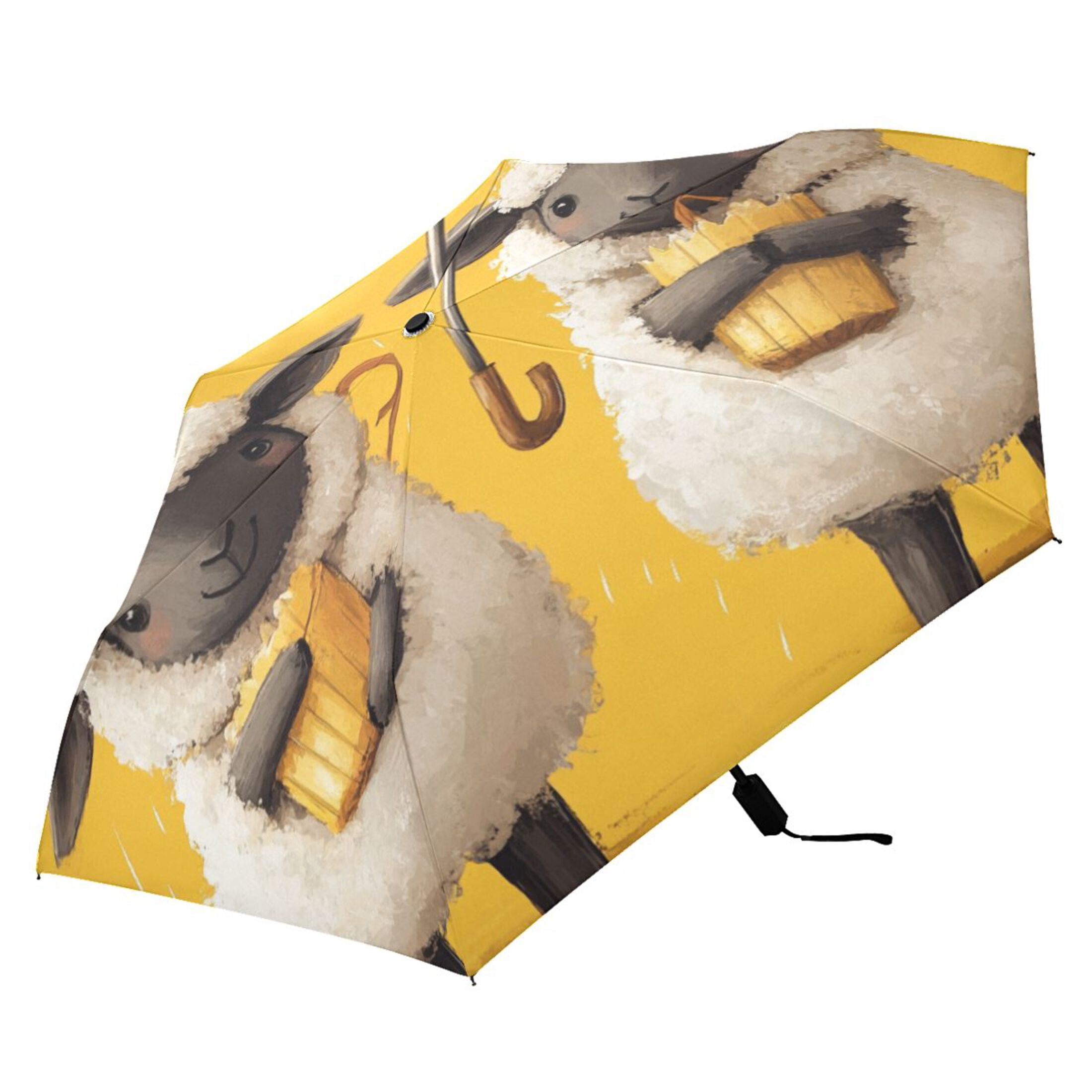 Cute Sheep with Yellow Umbrella All Weather Umbrella Triple Folding Parasol 6 Ribs UV Protection Portable