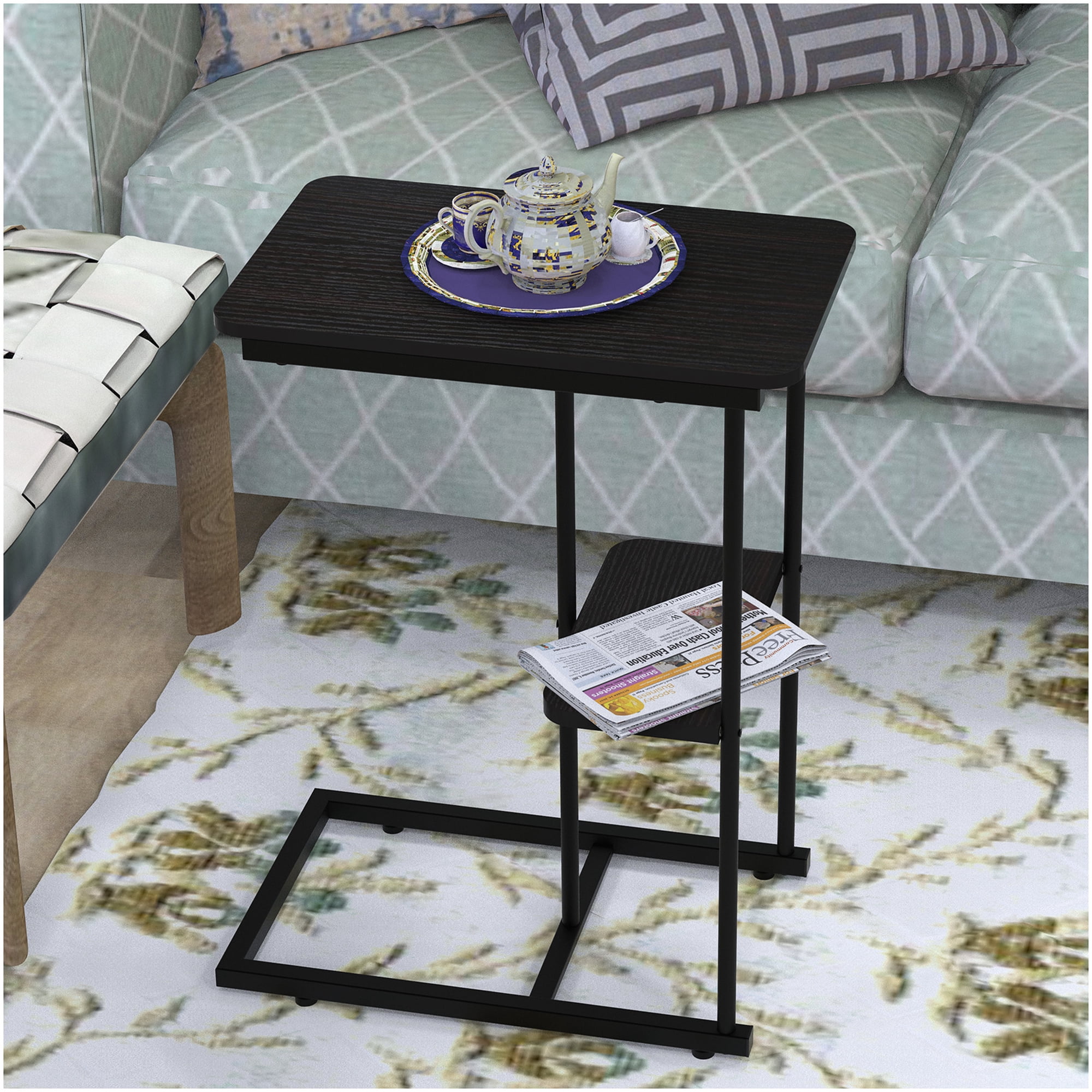 C-Shaped Side Table for Living Room and Bedroom Use with Integrated Storage Basket Metal Frame Wood Look Finish in Black Brown
