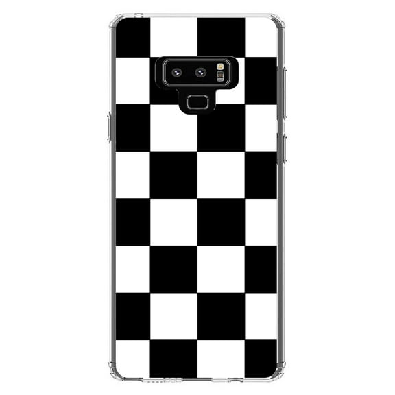 DistinctInk Clear Shockproof Hybrid Case for Samsung Galaxy Note 9 - TPU Bumper, Acrylic Back, Tempered Glass Screen Protector - Black White Checkered Flag Geometric - Checkered Pattern