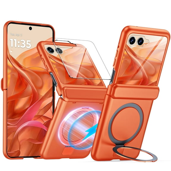 Vizvera For Motorola Razr 2024/2025/2026 With Hinge Protection,Screen Protector,Magnetic Ring Stand,Full-Body Shockproof Rugged Phone Case-Orange
