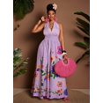 thumbnail image 5 of Plus Size Purple Floral Print Halter Deep V-Neck A-Line Maxi Dress, 5 of 6