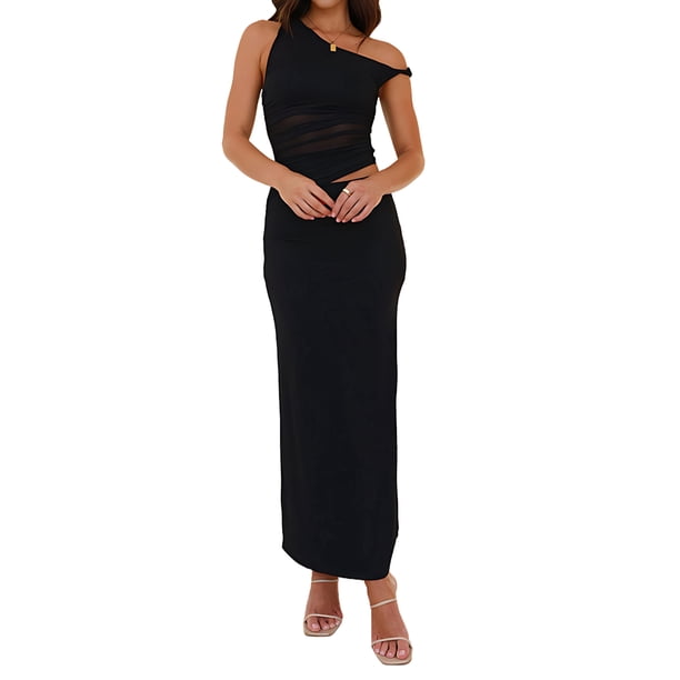 Conjunto de 2 Piezas de Falda para Mujer, Conjunto de Verano, Sin Mangas, Asimétrico, de , Top Corto, Faldas Largas. Negro M