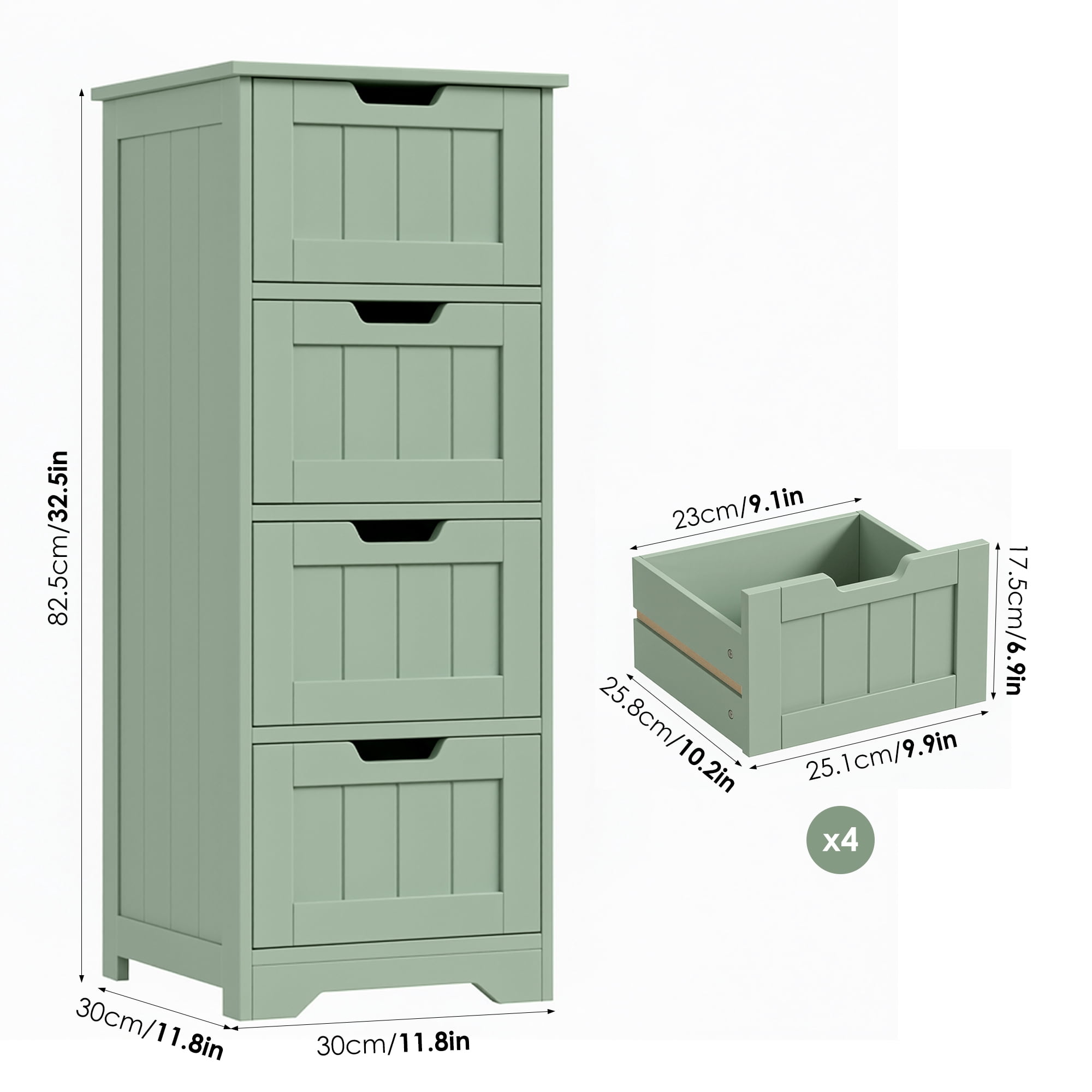 Homfa Bathroom Storage Cabinet, Free Standing Narrow Cabinet with 4 Drawers Entryway Storage Organizer for Living Room Bedroom, Green