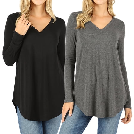 Women & Plus(S-3X) Relaxed Fit Long Sleeve V-Neck Round Hem Jersey Tee Shirt Top (Single & Multi-Packs Available) price history on PriceWatchPro