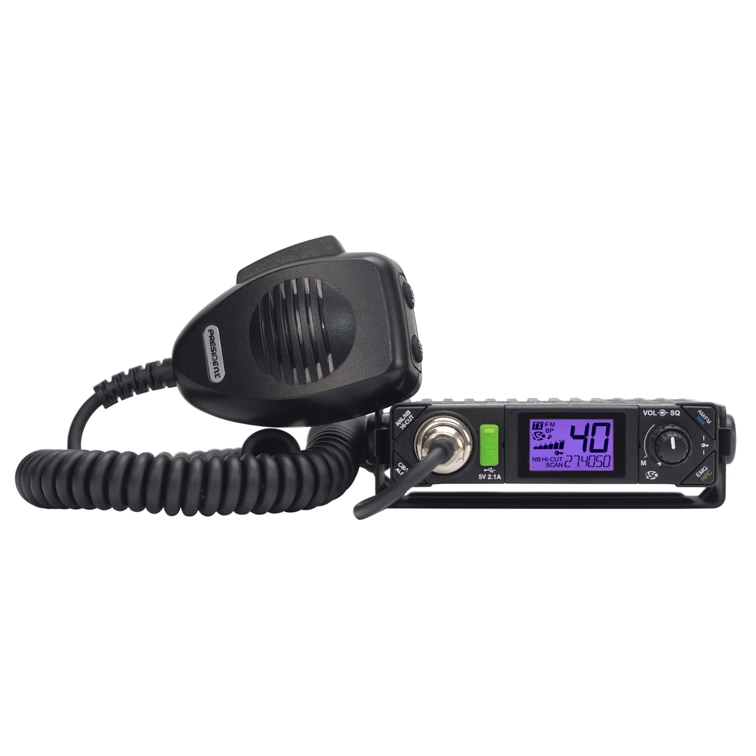 PRESIDENT CB Radio Premium Compact Kit with BILL III FCC 40-Channel AM/FM/Alert CB Radio with P-Channels, Mic, and Virginia Fixed-Magnet-Mount Antenna