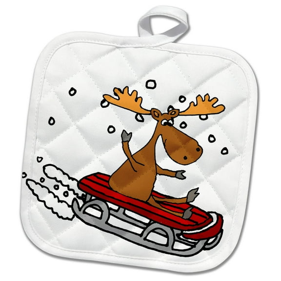 3dRose, Funny Cute Moose Sledding Cartoon, 8x8 Potholder
