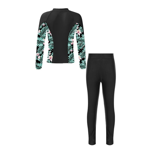Runhomal Modest 2 Pcs Swimsuits for Kids Girls Floral Upf 50+ Rashguard Shirts with Leggings Black 16
