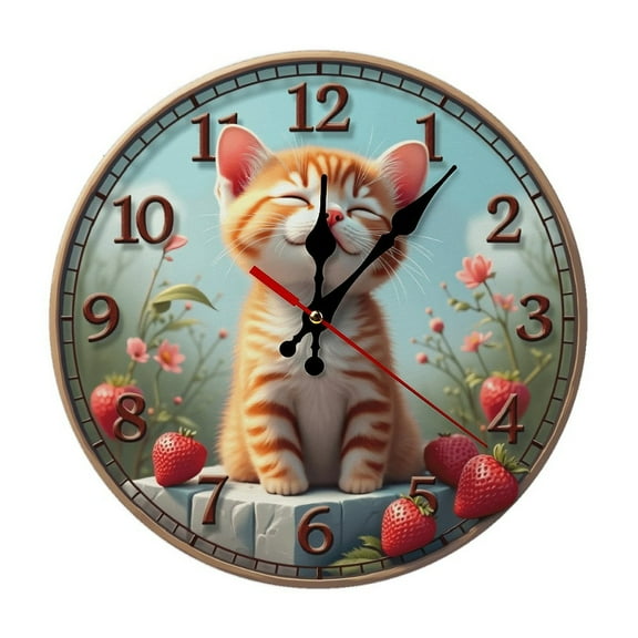 Cute Cat Wall Clock 10 Inch Silent Non Ticking Round Clock Decoration for Living Room Kitchen Bedroom Bathroom Office Classroom