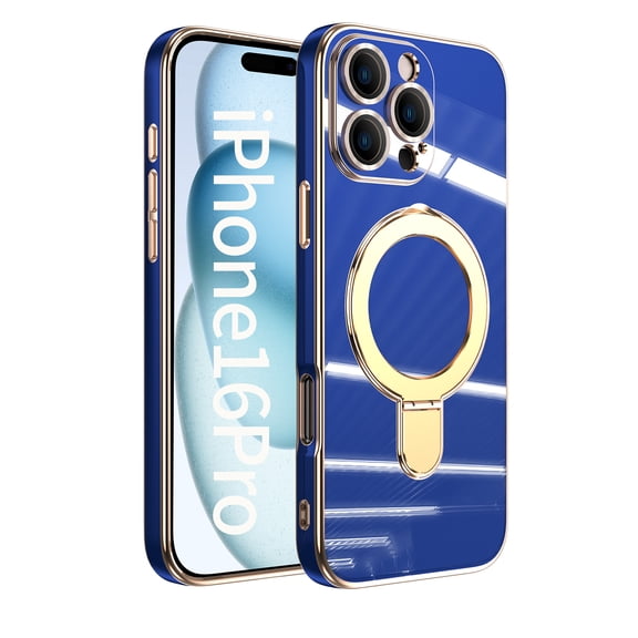 for iPhone 16 Pro Case with Magnetic Stand, [Compatible with MagSafe] [Ring Holder Kickstand] Plating TPU Shockproof Protective for iPhone 16 Pro Phone Case for Women Men, Blue