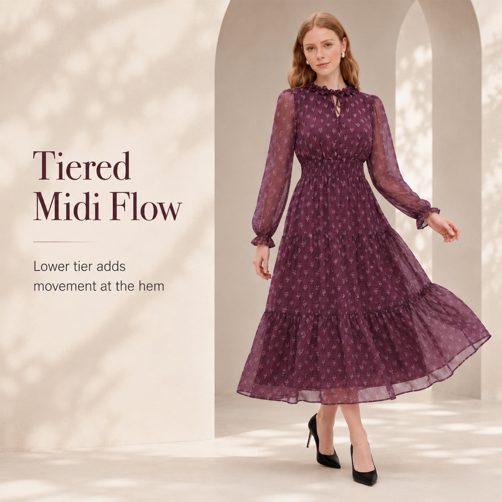 Alvantor Women's Midi Dress, Long Sleeve Ruffle Tie Neck Smocked Waist Tiered Jacquard, Burgundy Multi