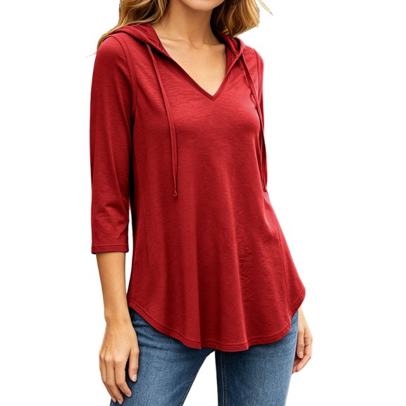 hoksml Women Drawstring Hood V Neck 3/4 Sleeve Tunic Top Curved Hem Loose Raglan Pullover for Casual Daily Lounge