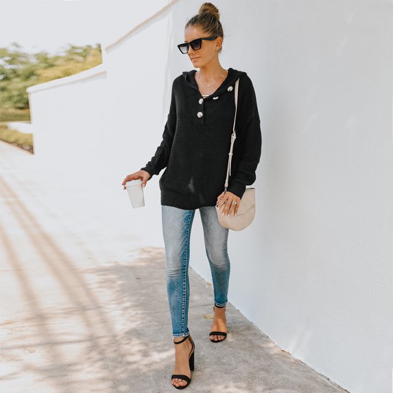 Contrast Half Button Down Drop Shoulder Hooded Knit Sweater for Women