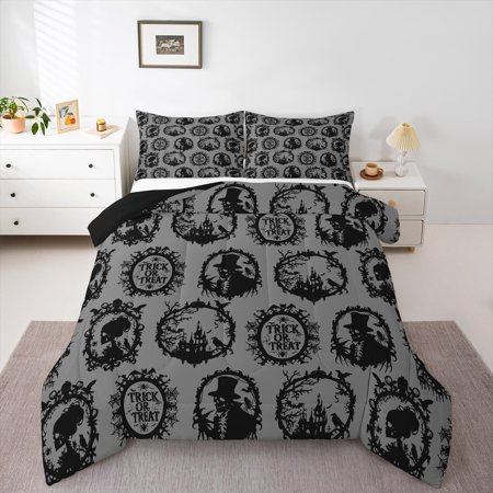 Erosebridal Holleween Funny Ghost Bedding Full Comforter Set,Trick Or Treat Down Comforter,Black Gray Bedding Sets Full with Comforter,Lightweight Room Decor Reversible,3 Pieces