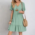thumbnail image 3 of 2025 Loose V-neck Short Sleeved Pleated Women Dress Solid Color A-line Beach Dresses Elegant Simple Comfortable Woman Clothing, 3 of 10