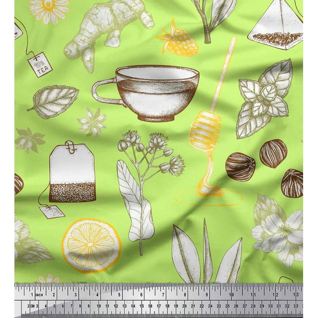 Soimoi polyester Crepe Fabric Tea Cup,Star Anise & Lemon Slice Vegetable Fabric Prints By Yard 42 Inch Wide