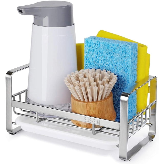 Estante de esponja para fregadero de cocina, organizador de caja dispensadora de jabón de cocina de acero inoxidable con bandeja de drenaje extraíble Fason HMHZ1350