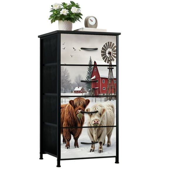 Farmhouse Dresser for Bedroom with 4 Storage Drawers Highland Cow Red Barn Windmill Rustic Country Landscape Winter Scene Dressers Chest of Drawers Fabric Closet Organizers for Entryway