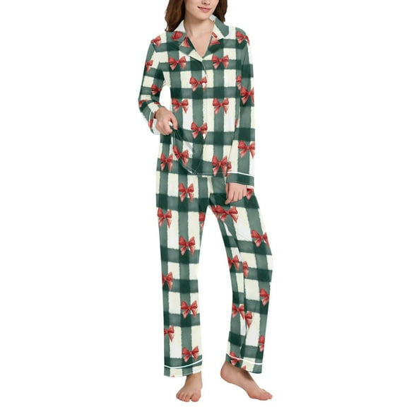 joogoo Pajamas Set for Women Bows Checkered Christmas Long Sleeve Pjs Loungewear L