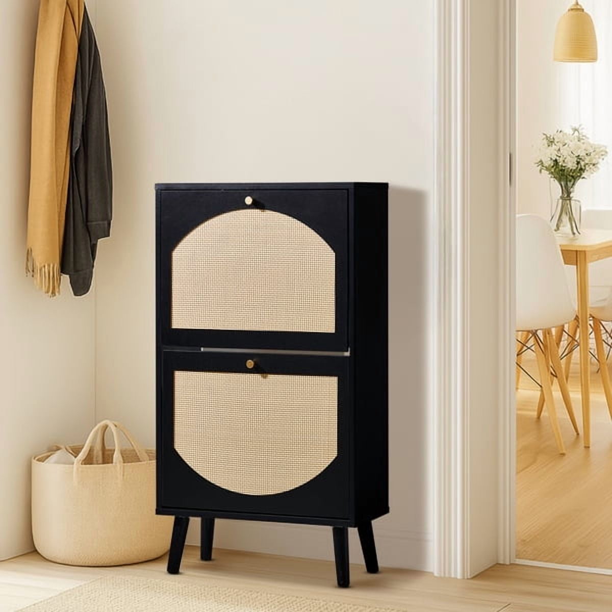 AsterOutdoor Modern 2-Door Flip-Down Shoe Cabinet Black Frame with Rattan Design, 98cm Height, Slim 24cm Depth, Stores 6-8 Pairs