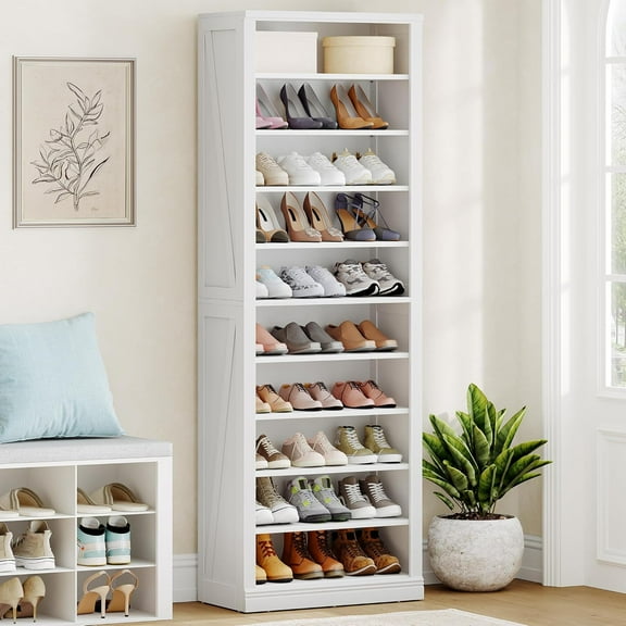 Shoe Storage Cabinet, 10 Tiers Freestanding Shoe Cabinets, Wooden Shoes Rack with Cubby, 27-30 Pairs, Farmhouse Tall Shoes Cubby Organizer for Entryway, Living Room, White SR52603X