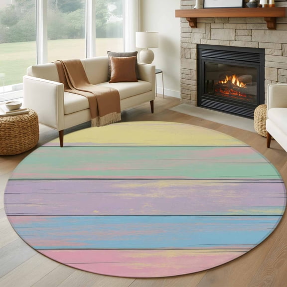 Round Area Rug 8 Ft, Easter Washable Non-Slip Circle Carpet for Living Room/Bedroom, Farmhouse Ombre Colorful Wooden Grain Retro Collection Low-Profile Large Area Rugs for Indoor