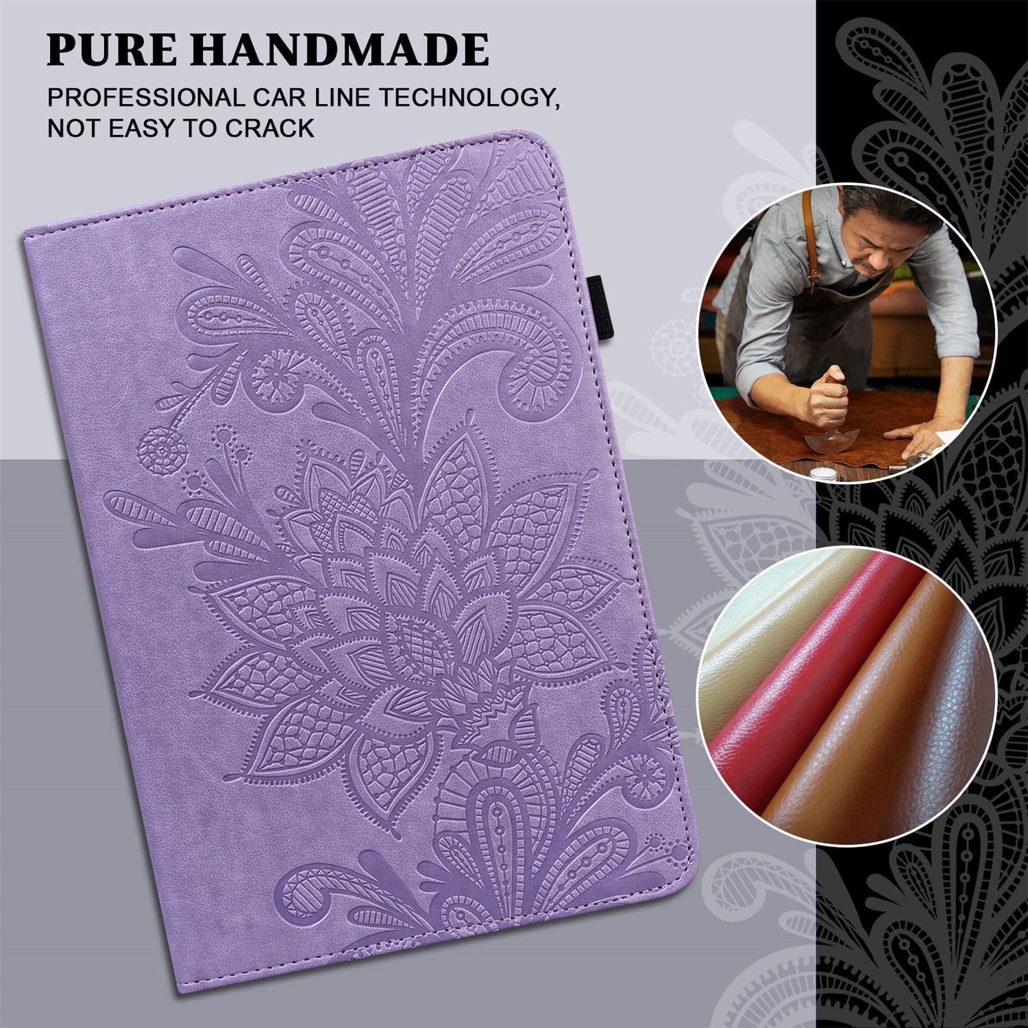 SaniMore for iPad 10th Generation 10.9" 2022 Embossed Case, PU Leather Case with Card Slot & Kickstand Pencil Holder & Hand Strap Shockproof Protective Case for Women Girls, Purple