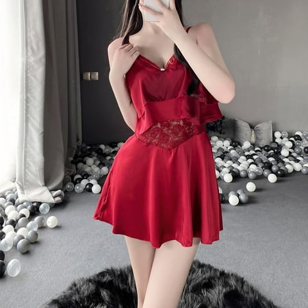 

Follure Sexy Lingerie For Women Chiffon Lace Hollow Out Sweet Ruffle Sling Dress Set